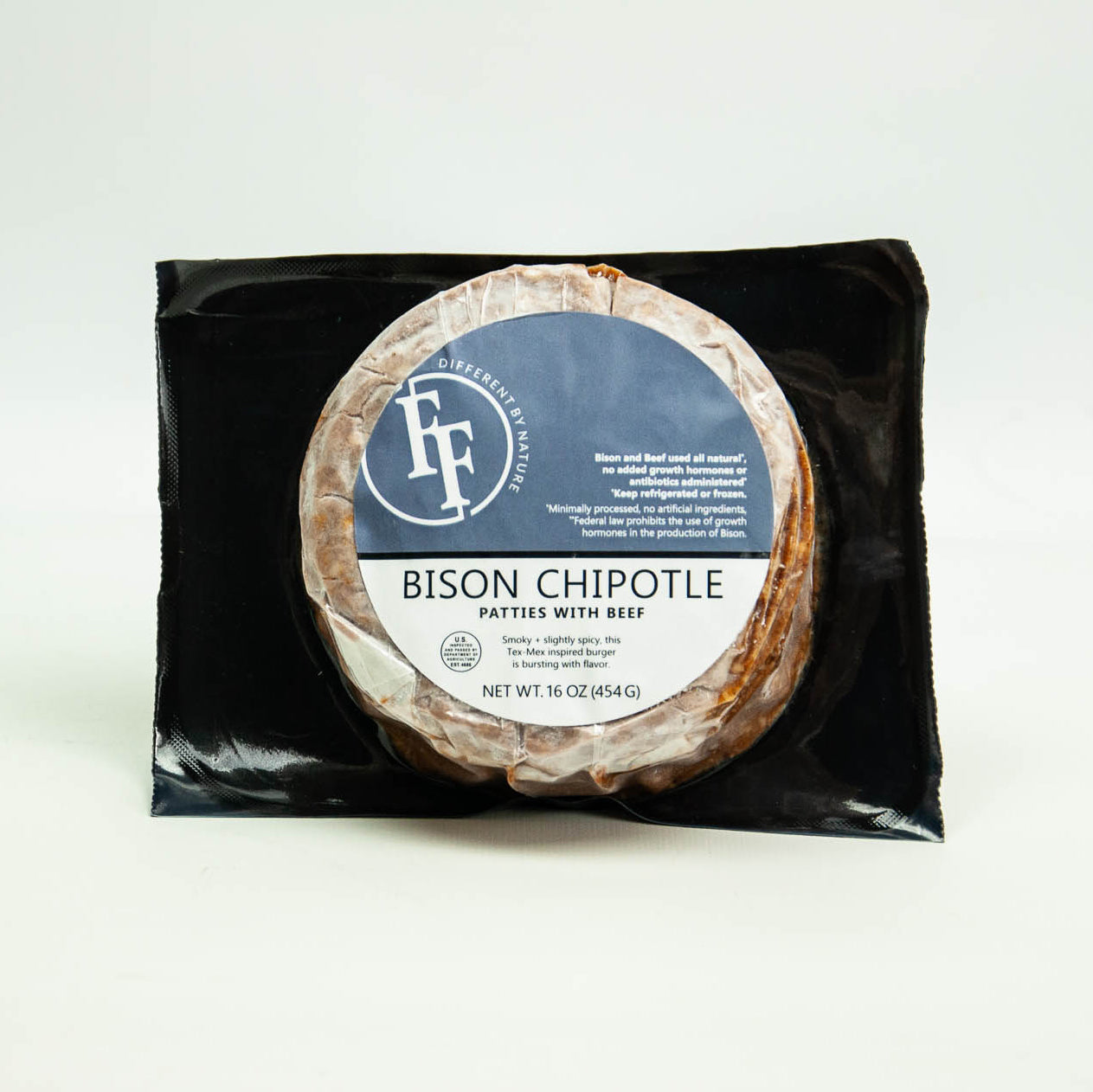 Packaged bison chipotle patties with beef on a white background