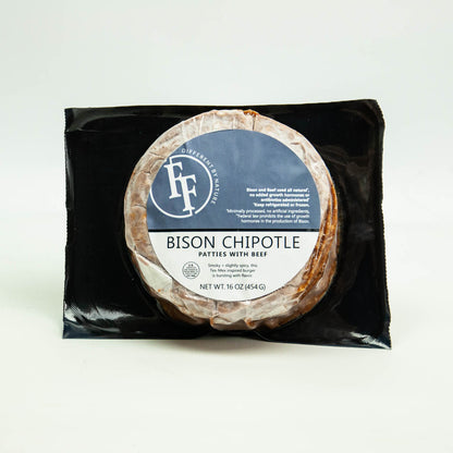 Packaged bison chipotle patties with beef on a white background
