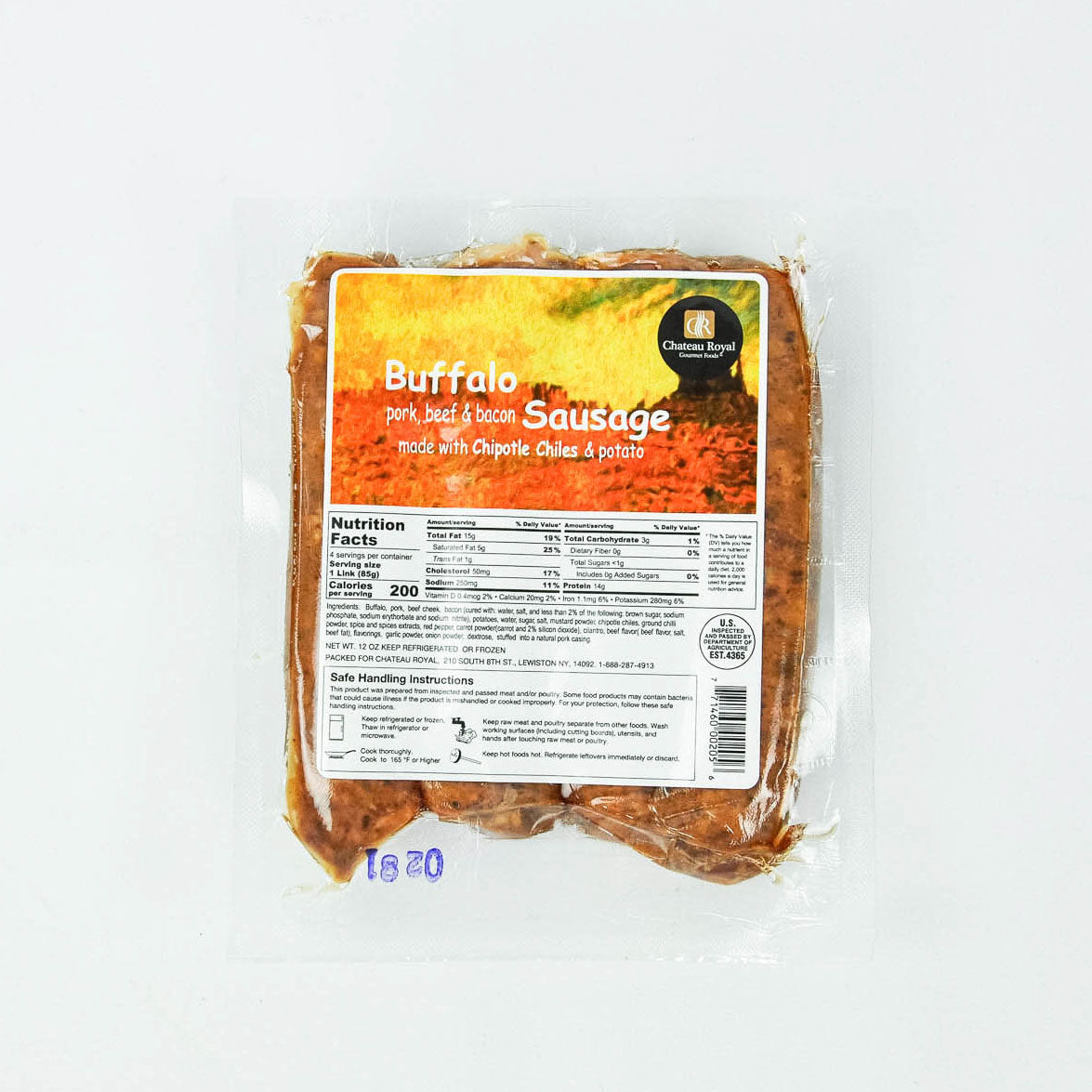 Packaged Buffalo Sausage with label on a white background