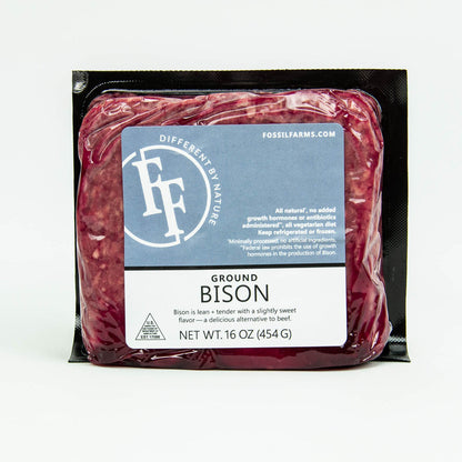Packaged ground bison with Fossil Farms label on a white background