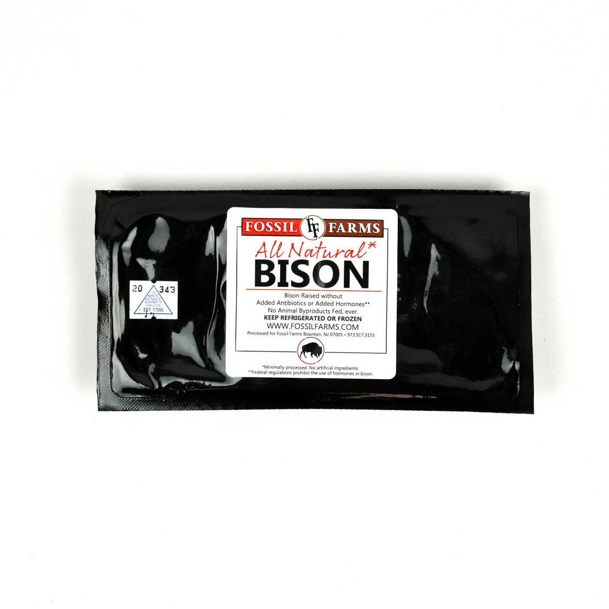 Packaged bison meat with Fossil Farms label on a white background