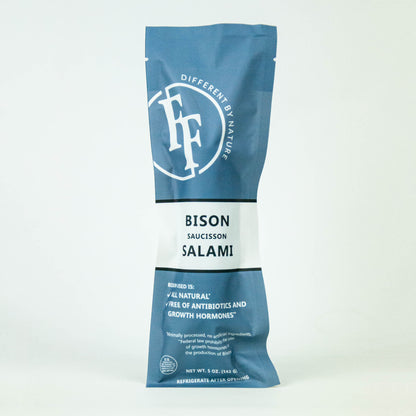 Blue package of bison salami with a brand logo on a white background