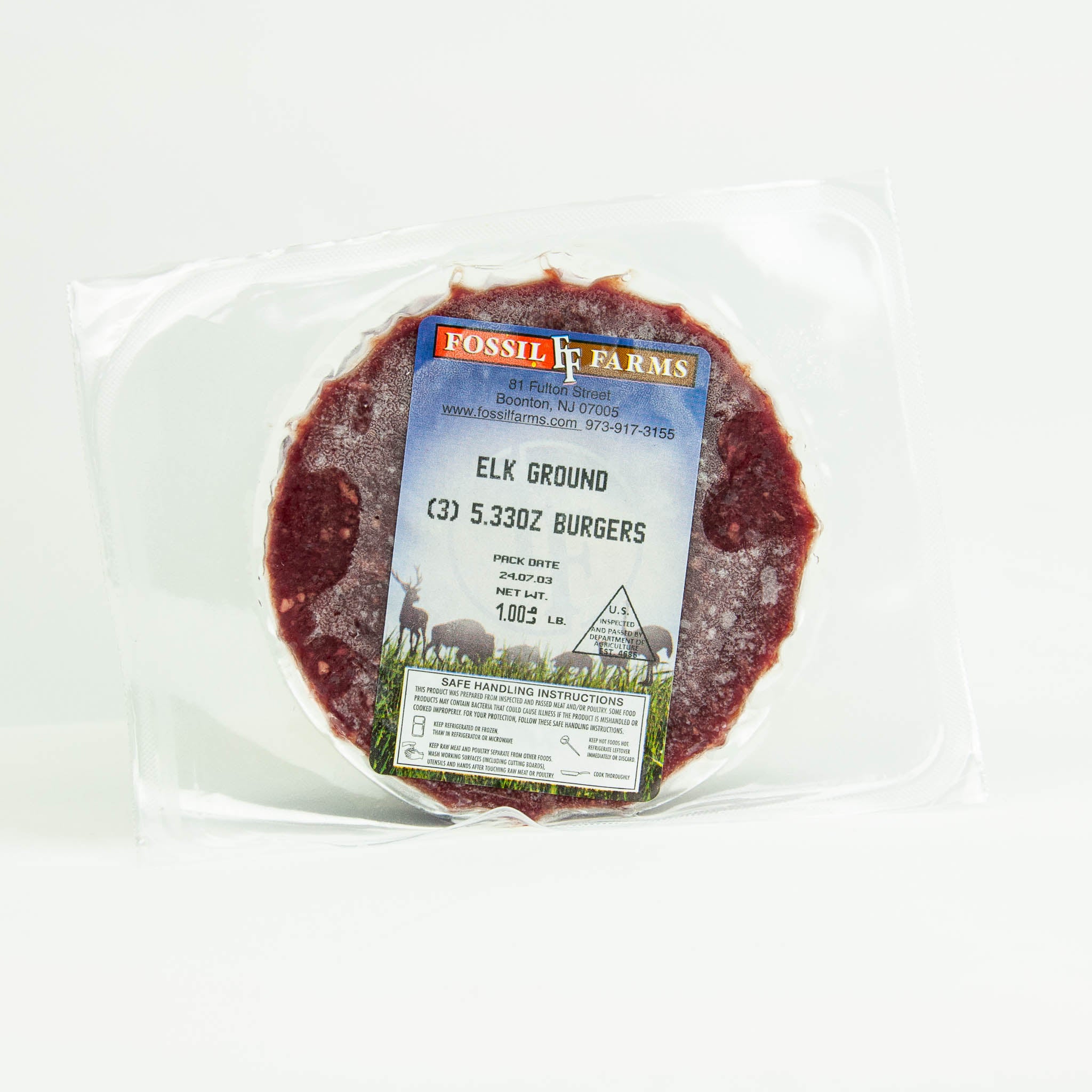 Packaged elk ground burgers with Fossil Farms label on a white background