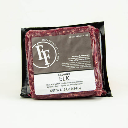 Packaged ground elk meat with Fossil Farms branding on a white background