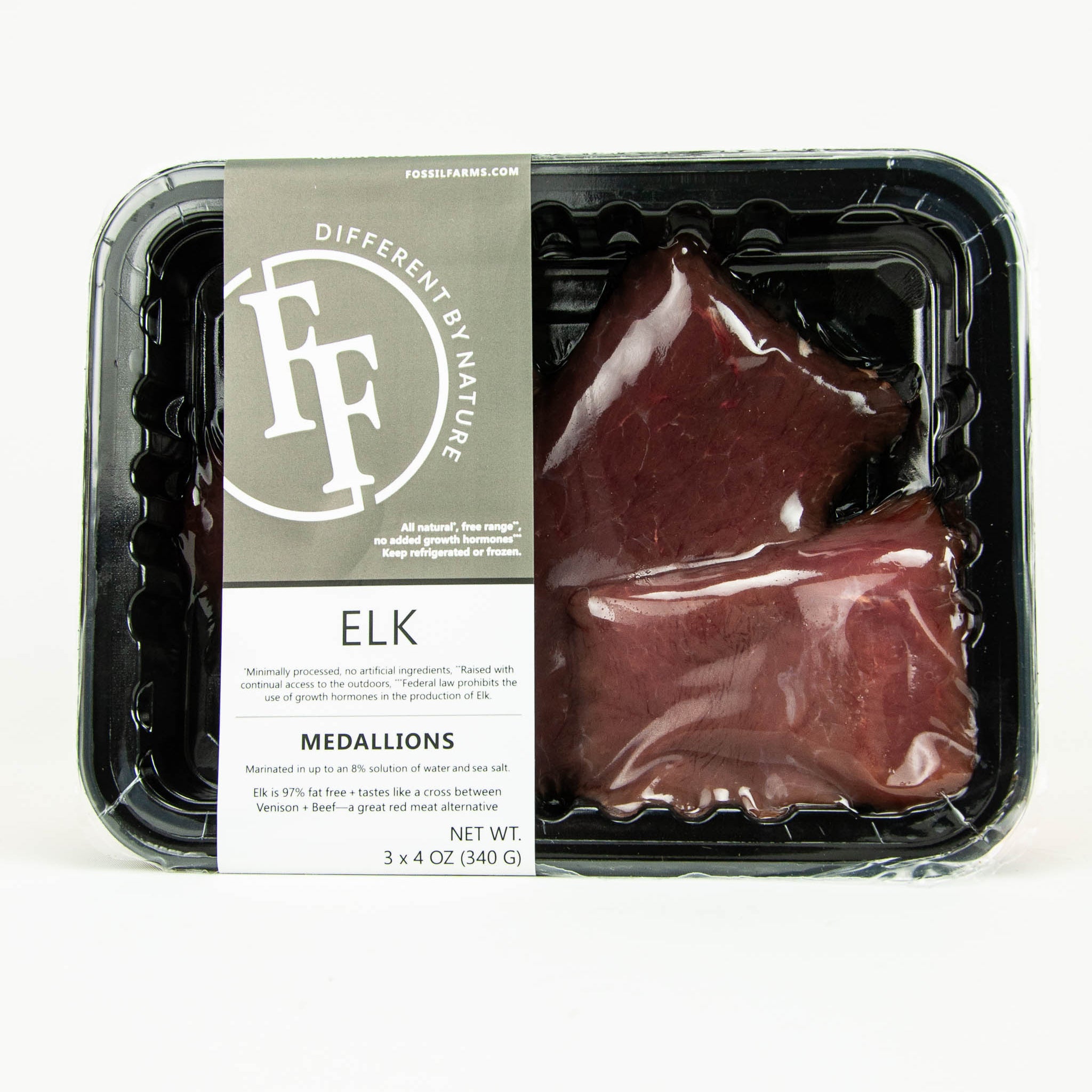 Packaged elk medallions with a label on a white background