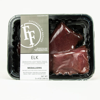 Packaged elk medallions with a label on a white background