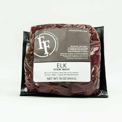 Packaged elk stew meat with Fosel Farms branding on a white background