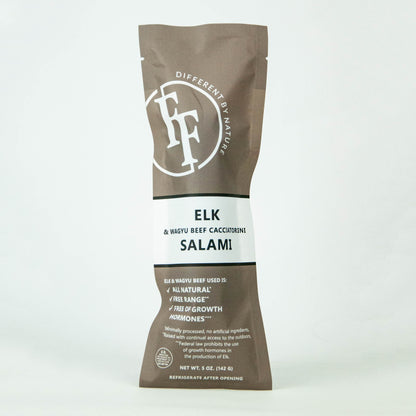 Package of elk and wavy beef cacahuete salami on a white background