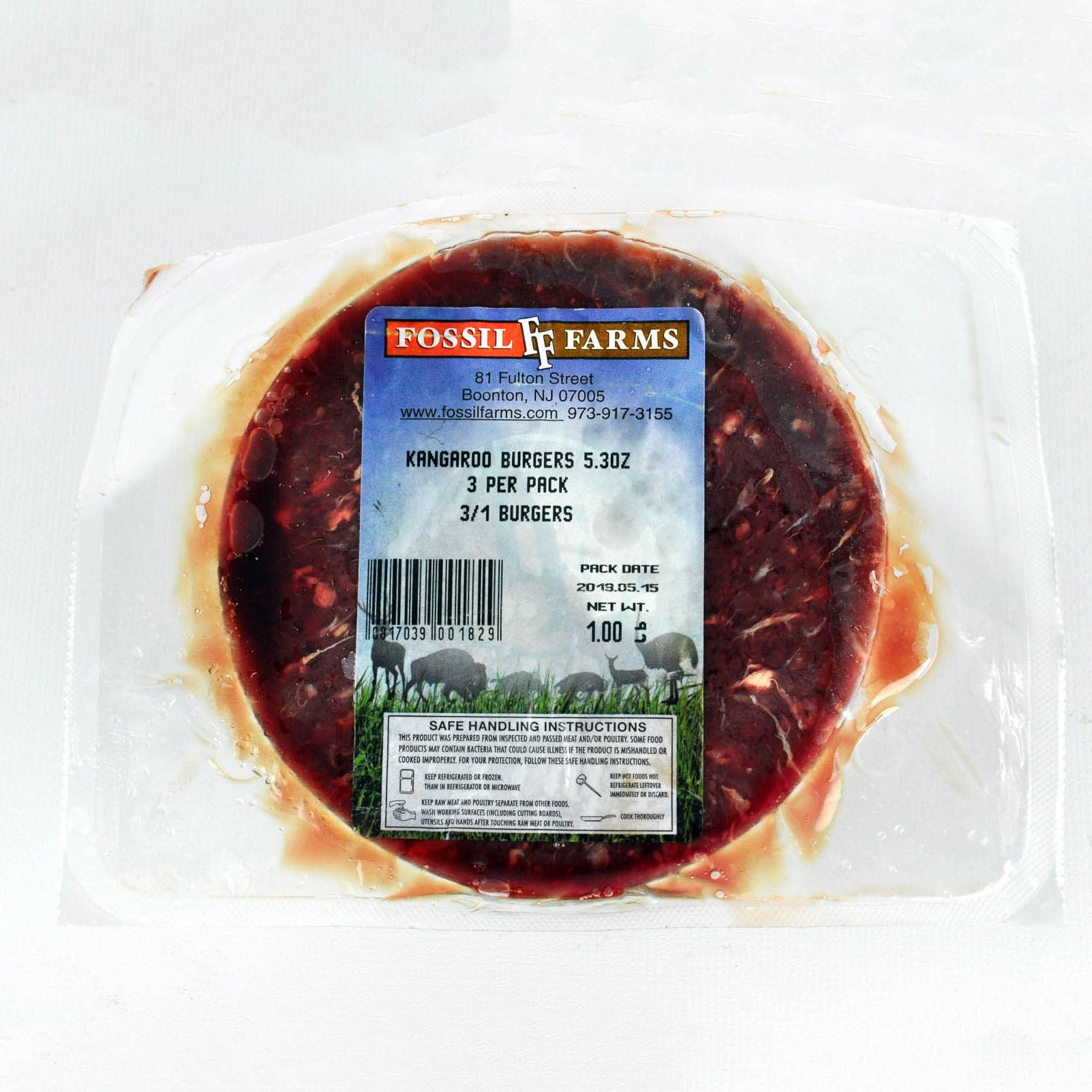 Packaged kangaroo burgers with Fossil Farms label on a white background