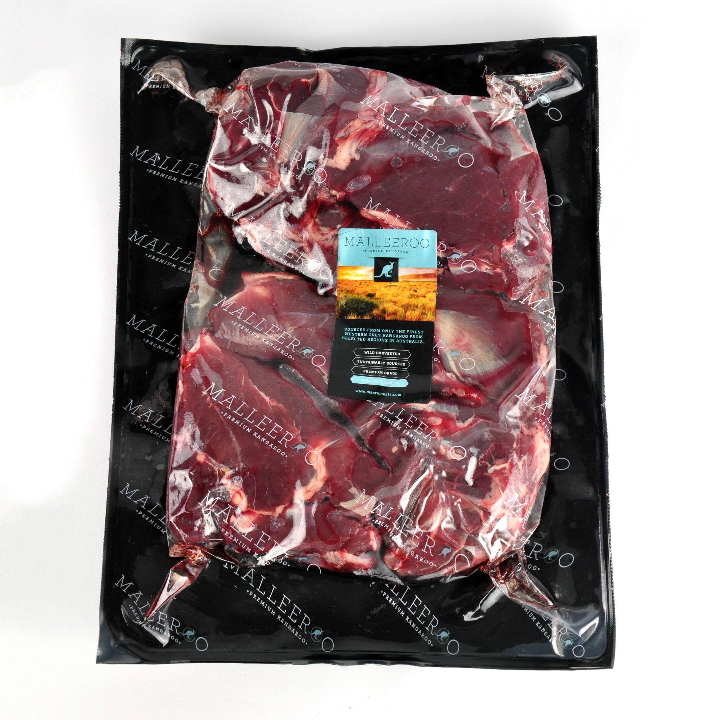 Packaged raw meat with Malleef & Co label on a white background