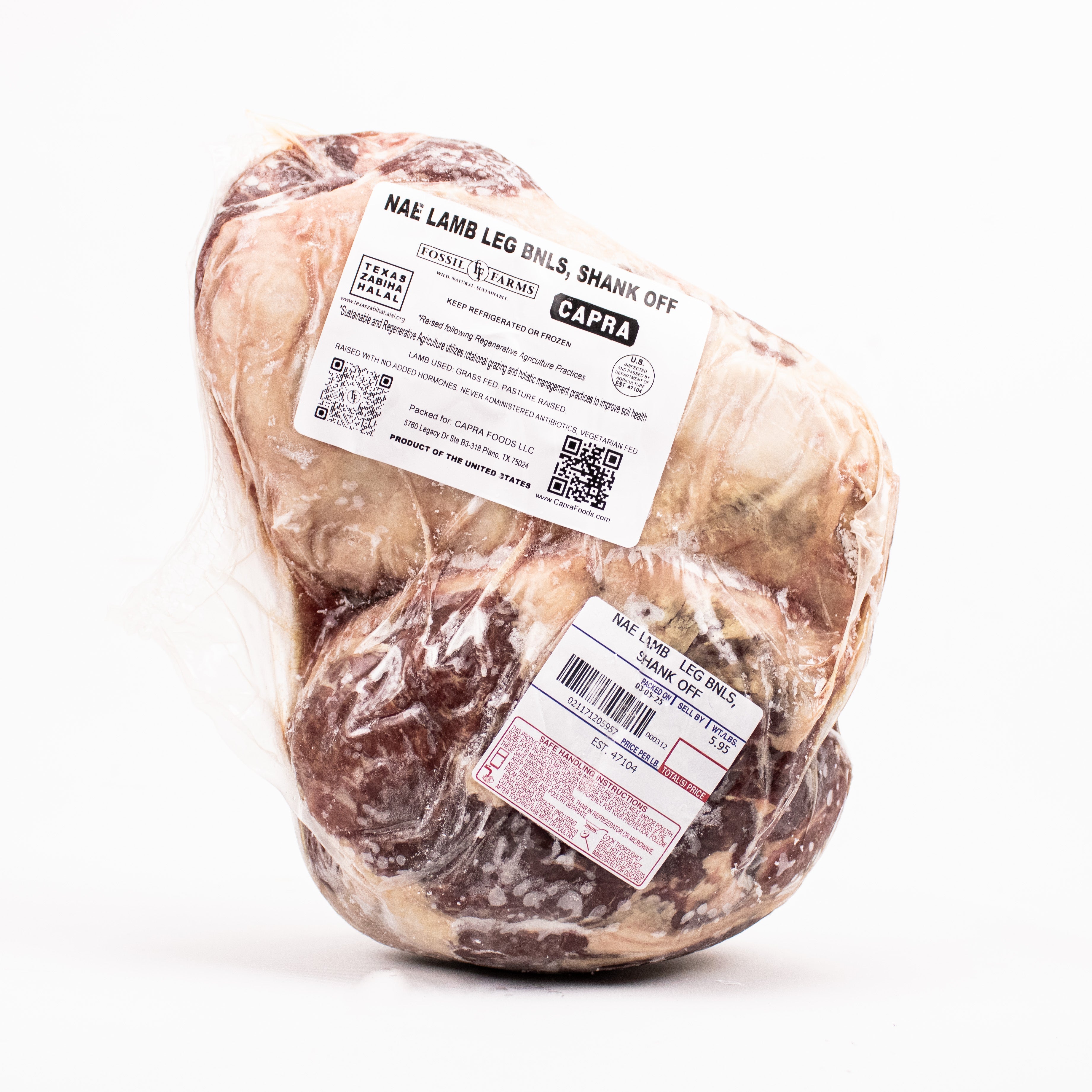 Wrapped lamb leg with labels on a white background