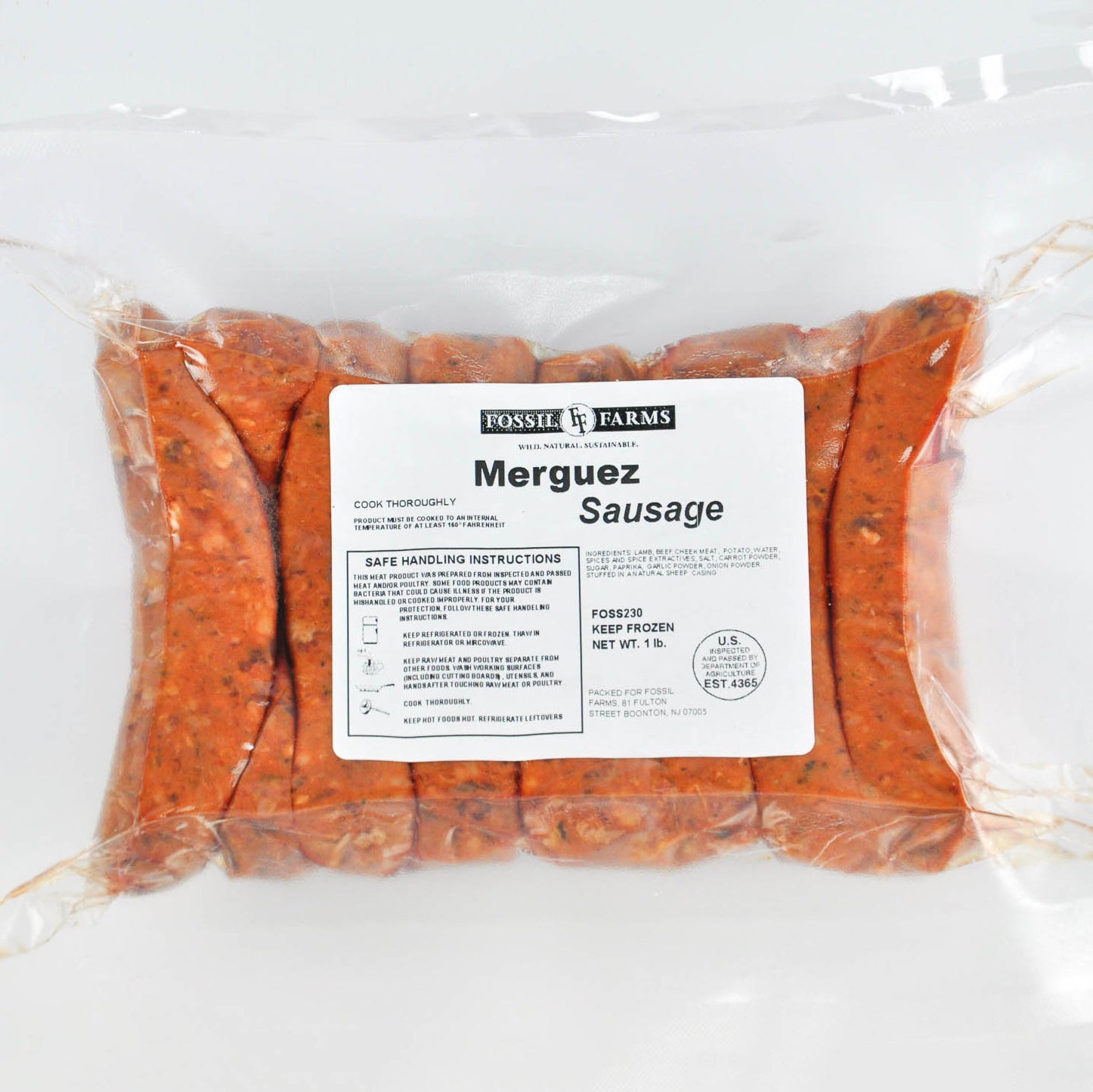 Packaged Merguez Sausage from Fossie Farms on a white background