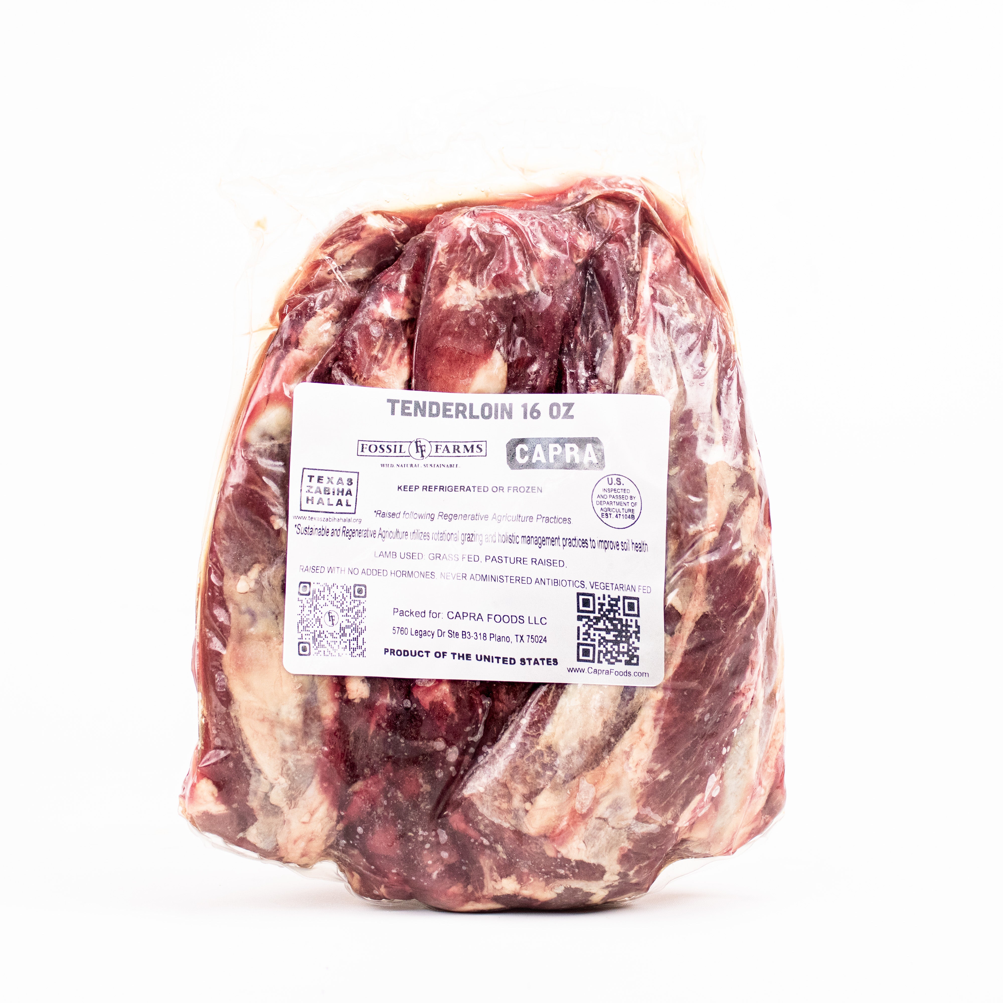 Packaged tenderloin with a label on a white background