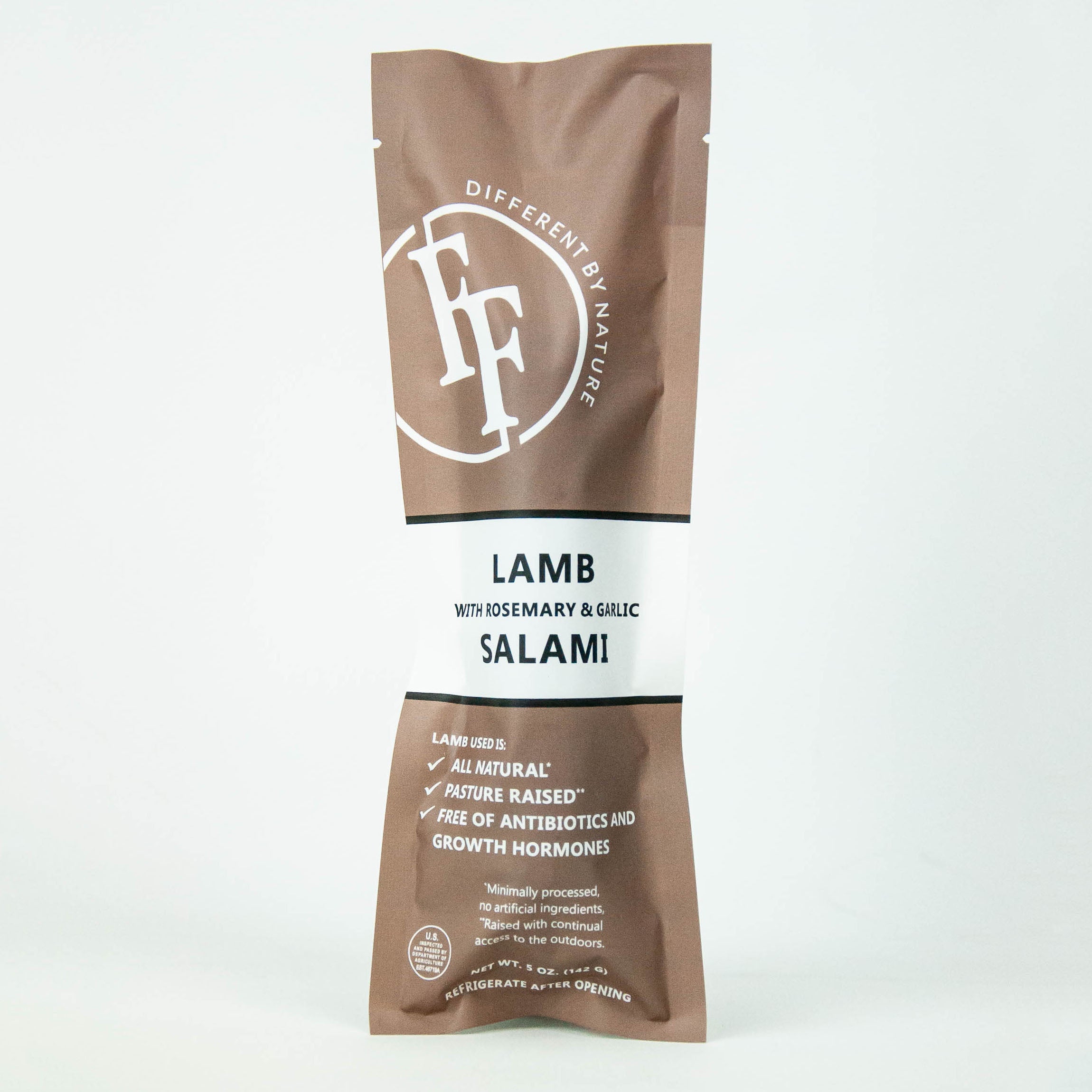 Lamb salami package with branding on a white background