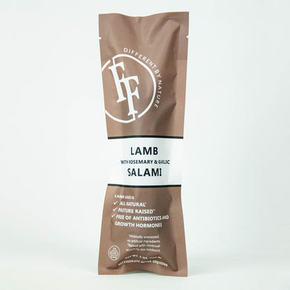 Lamb salami package with branding on a white background