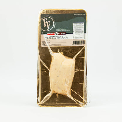 Packaged pre-sliced foie gras with Fossil Farms label on a white background