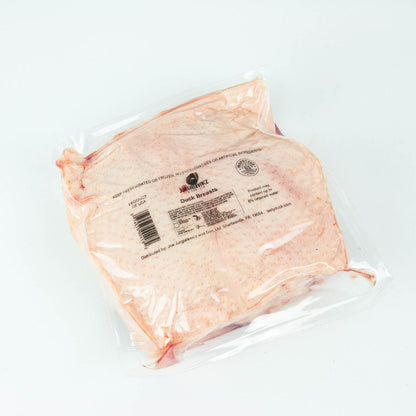 Packaged duck breast on a white background