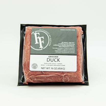 Packaged ground duck with Fossil Farms label on a white background