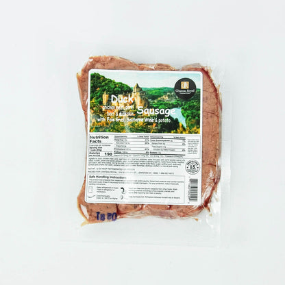 Packaged duck sausage with a label on a white background