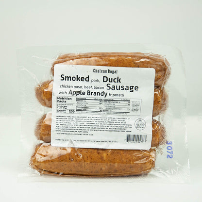Packaged smoked duck sausage with a label on a white background