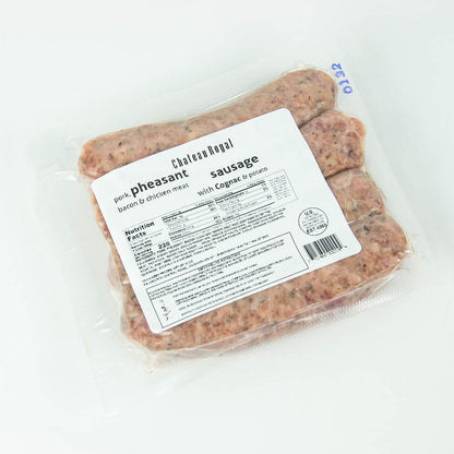 Packaged Chateaubriand pheasant sausage with a label on a white background