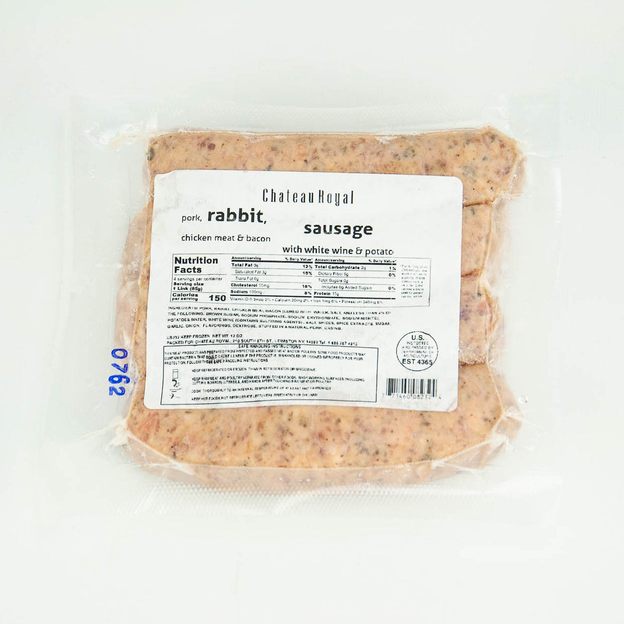 Packaged Chateau Royal rabbit sausage with a label on a white background