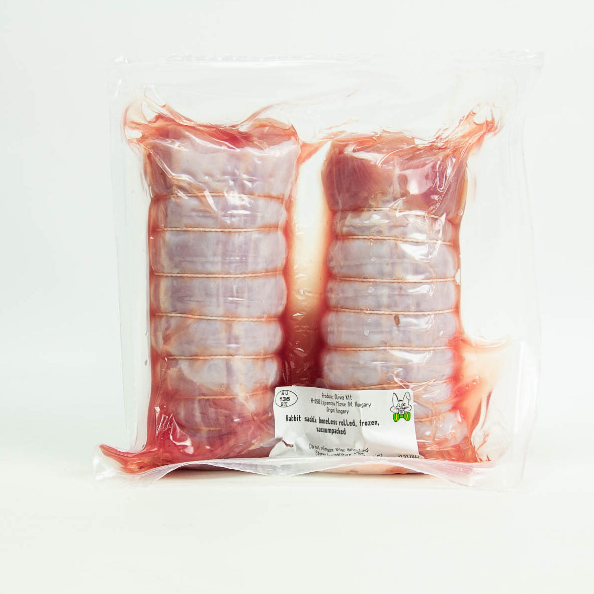 Packaged meat with a visible brand label on a white background