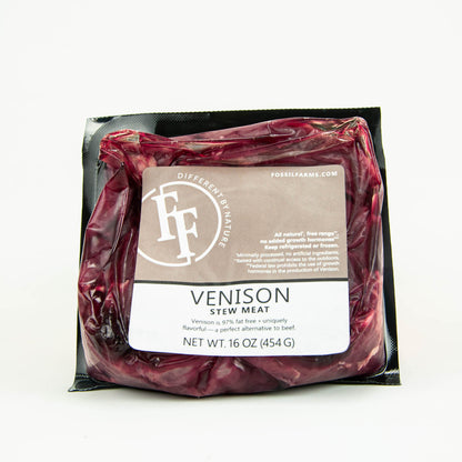 Packaged venison stevemeat with a label on a white background