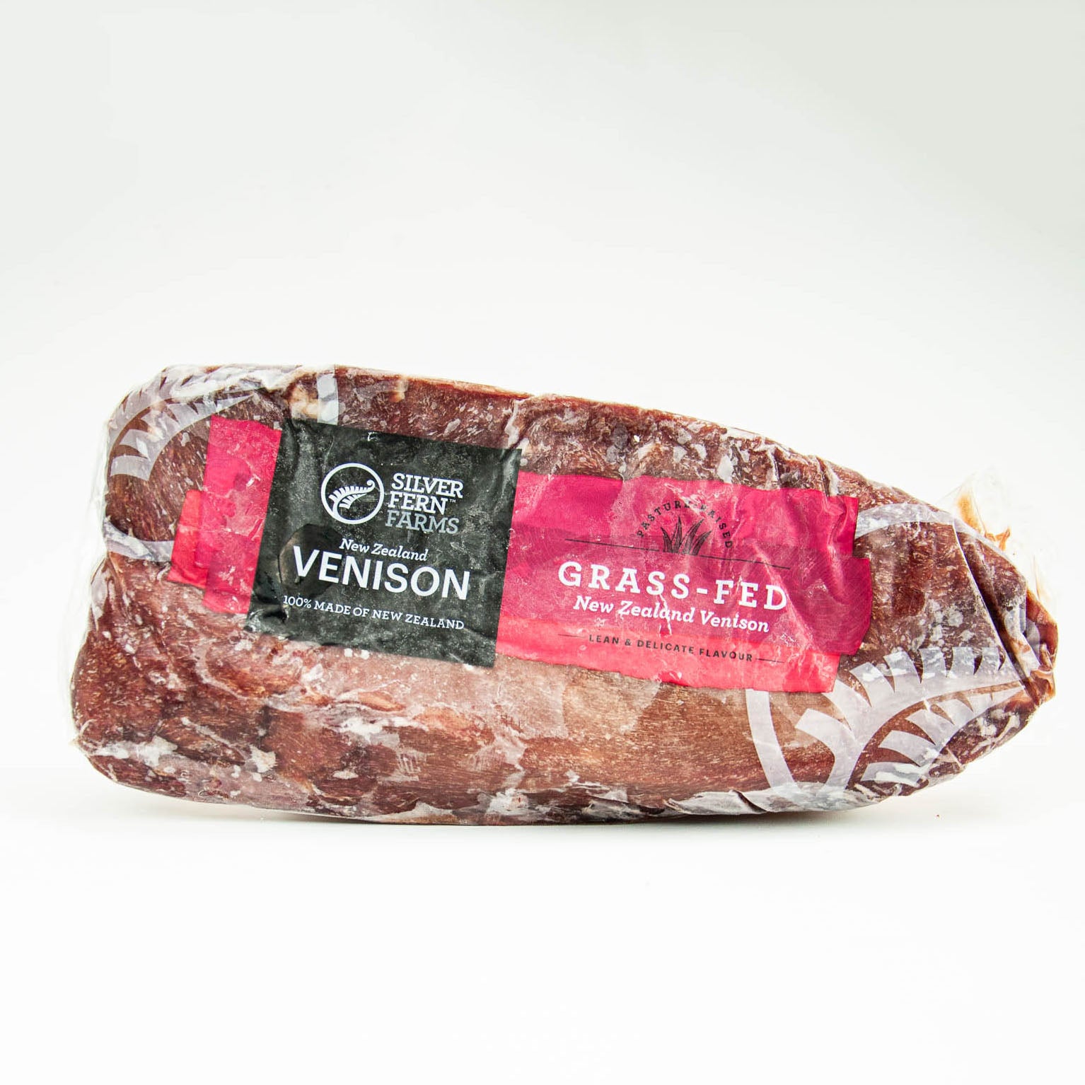 Packaged venison with 'Silver Fern Farms' labels on a white background
