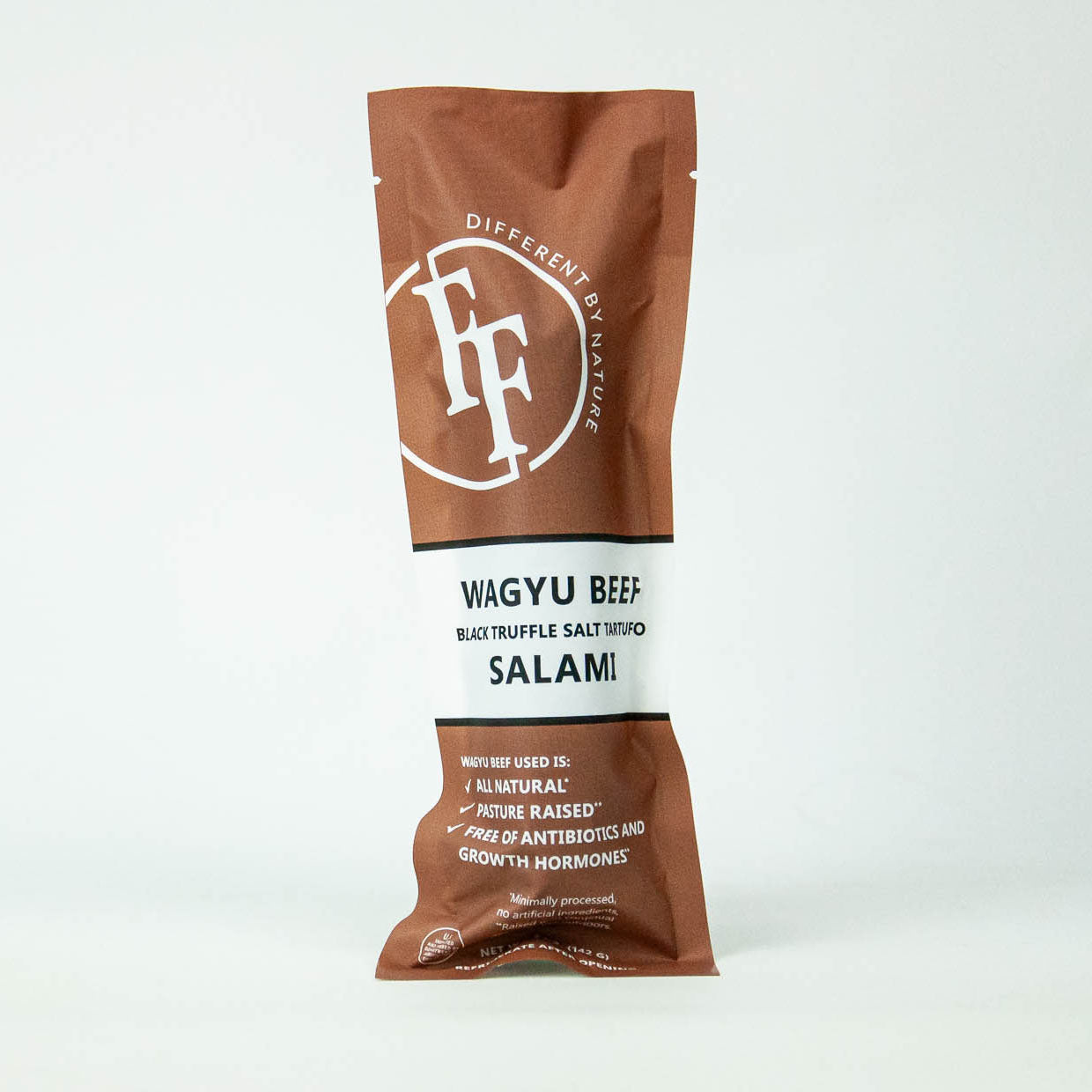 Wagyu beef salami packaging with brand logo on a white background