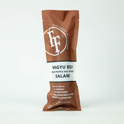 Wagyu beef salami packaging with brand logo on a white background