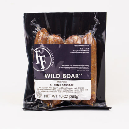 Package of Wild Boar Chorizo Sausage with Fossil Farms label on a white background