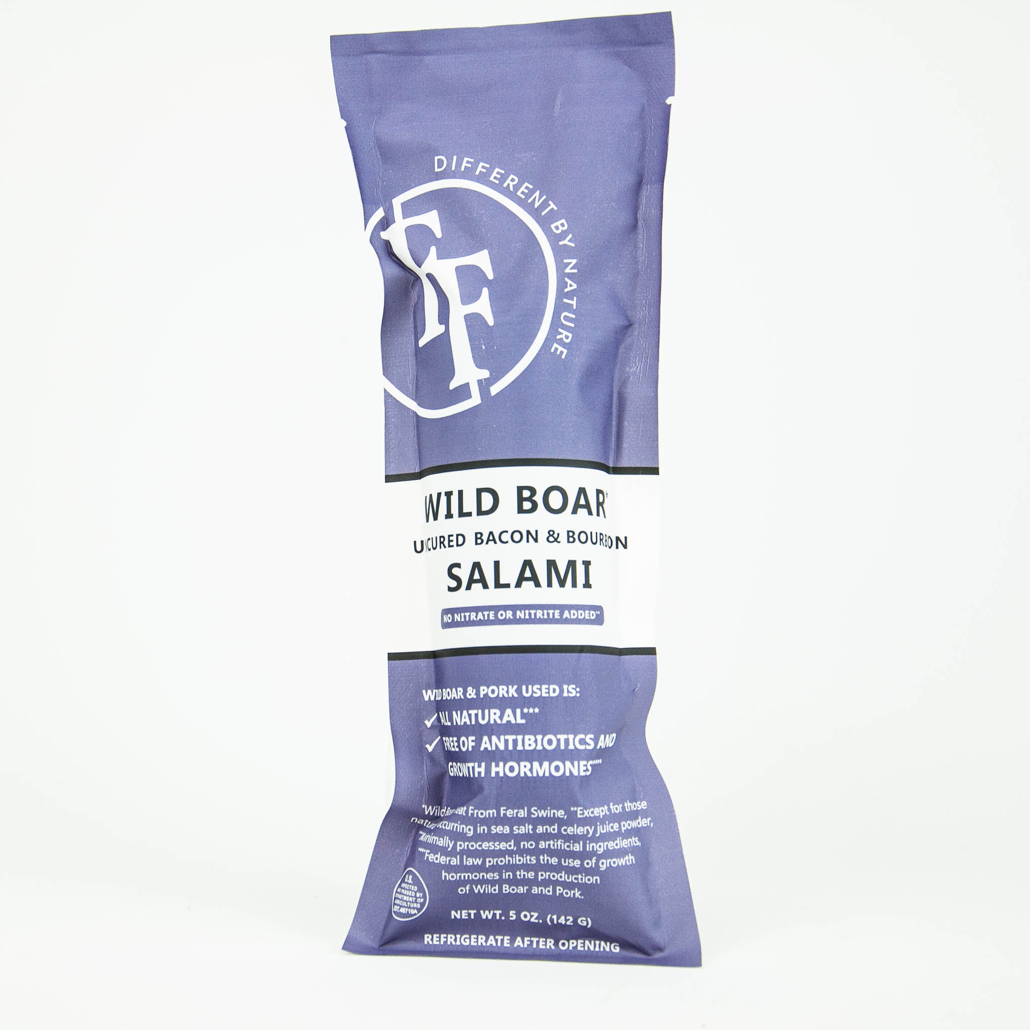 Purple package of wild boar salami with branding on a white background