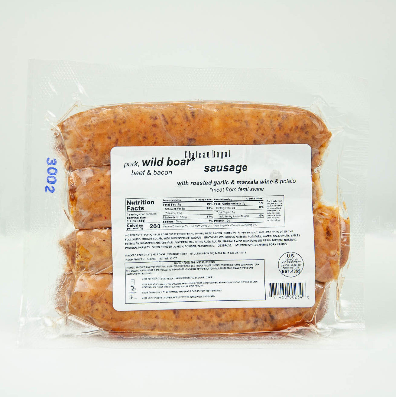 Packaged sausage with a label on a white background
