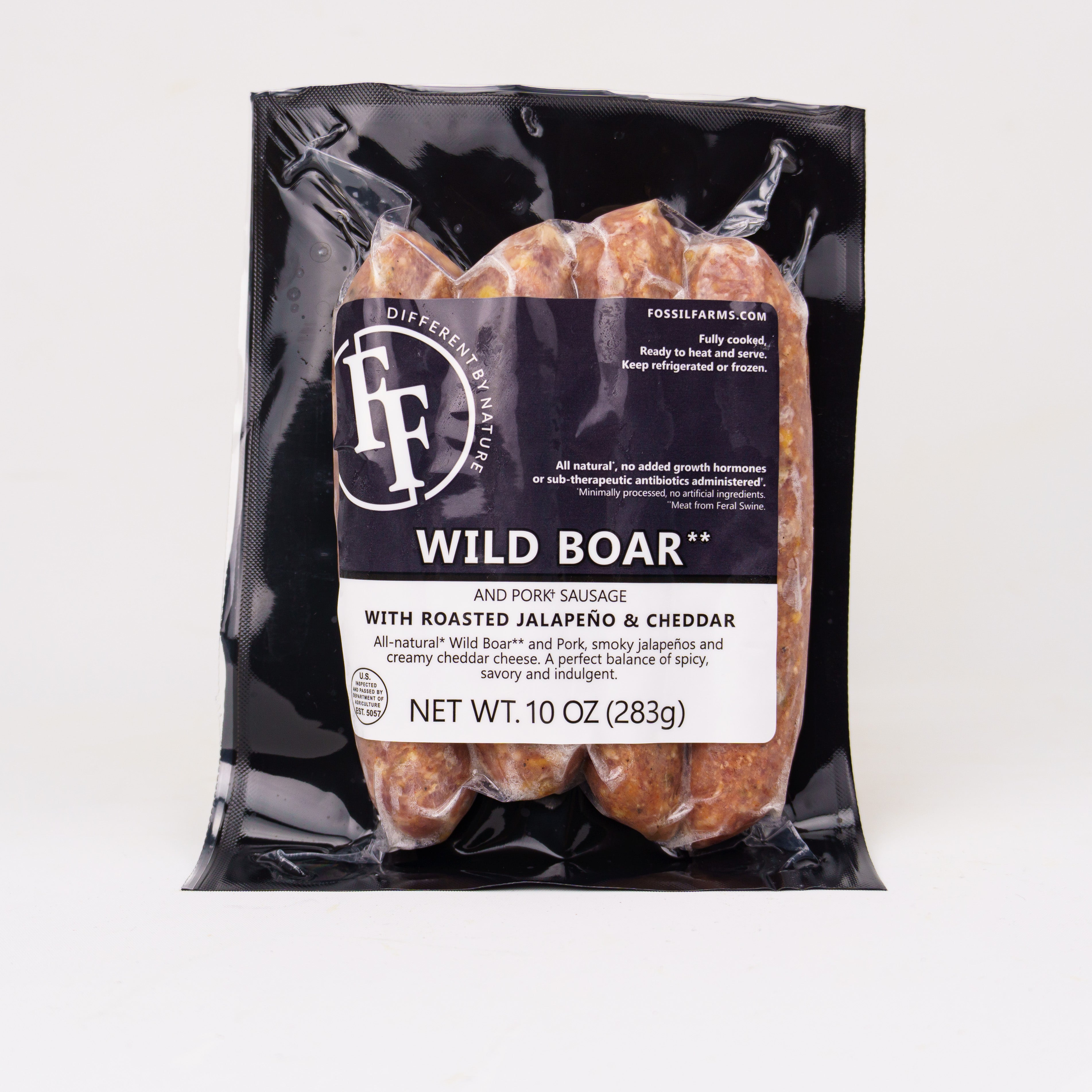 Packaged wild boar sausage with Foss Farms label on a white background