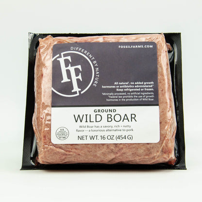 Packaged ground wild boar meat with Fossil Farms label on a white background