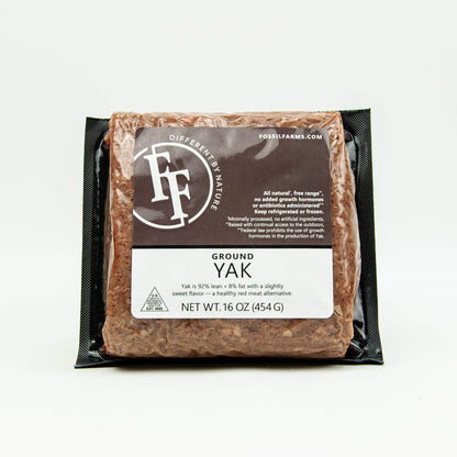 Packaged ground yak meat with Fossil Farms branding on a white background