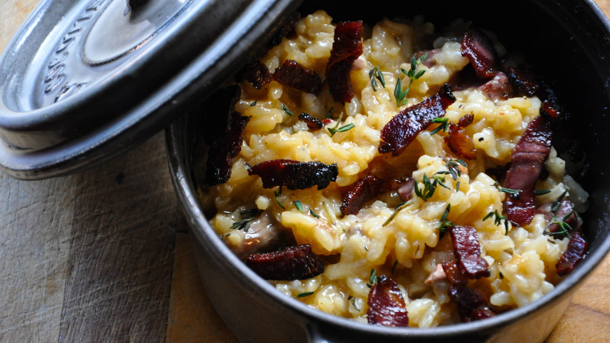 Moulard Duck Bacon with Risotto Cooked