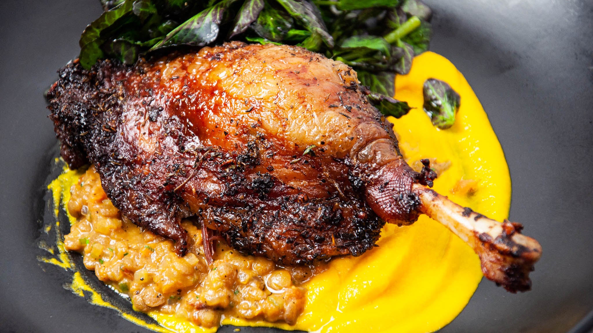 Pekin Duck Leg with Lentils and Carrot Puree