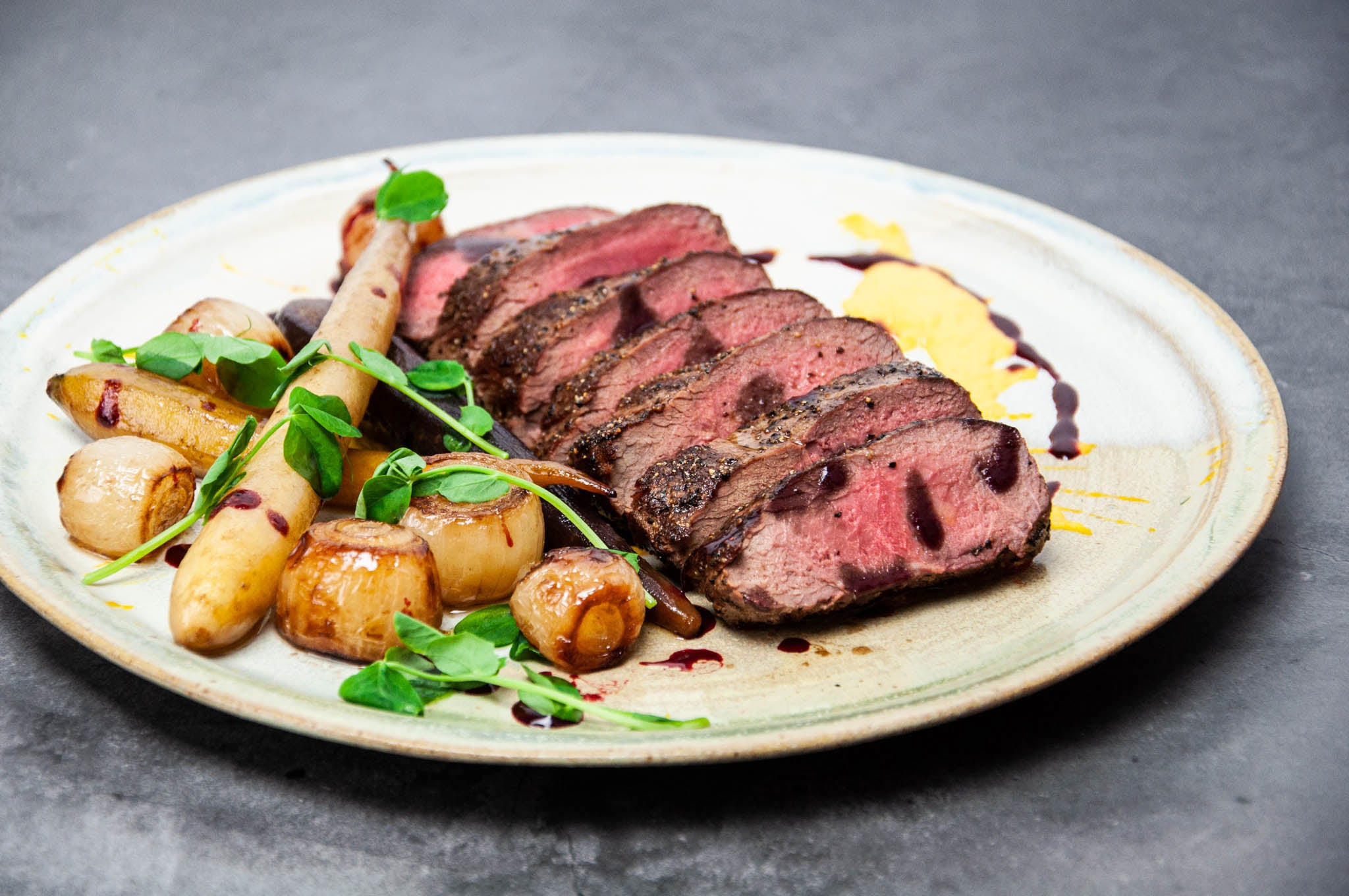 Roasted Venison NY Striploin with Carrots