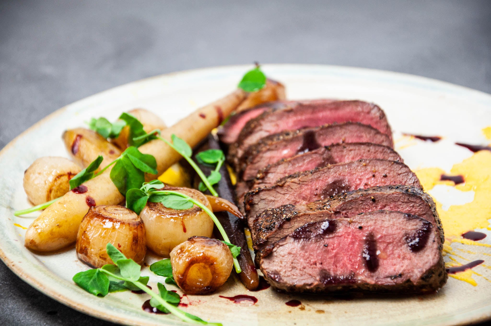 Roasted Venison NY Striploin with Carrots