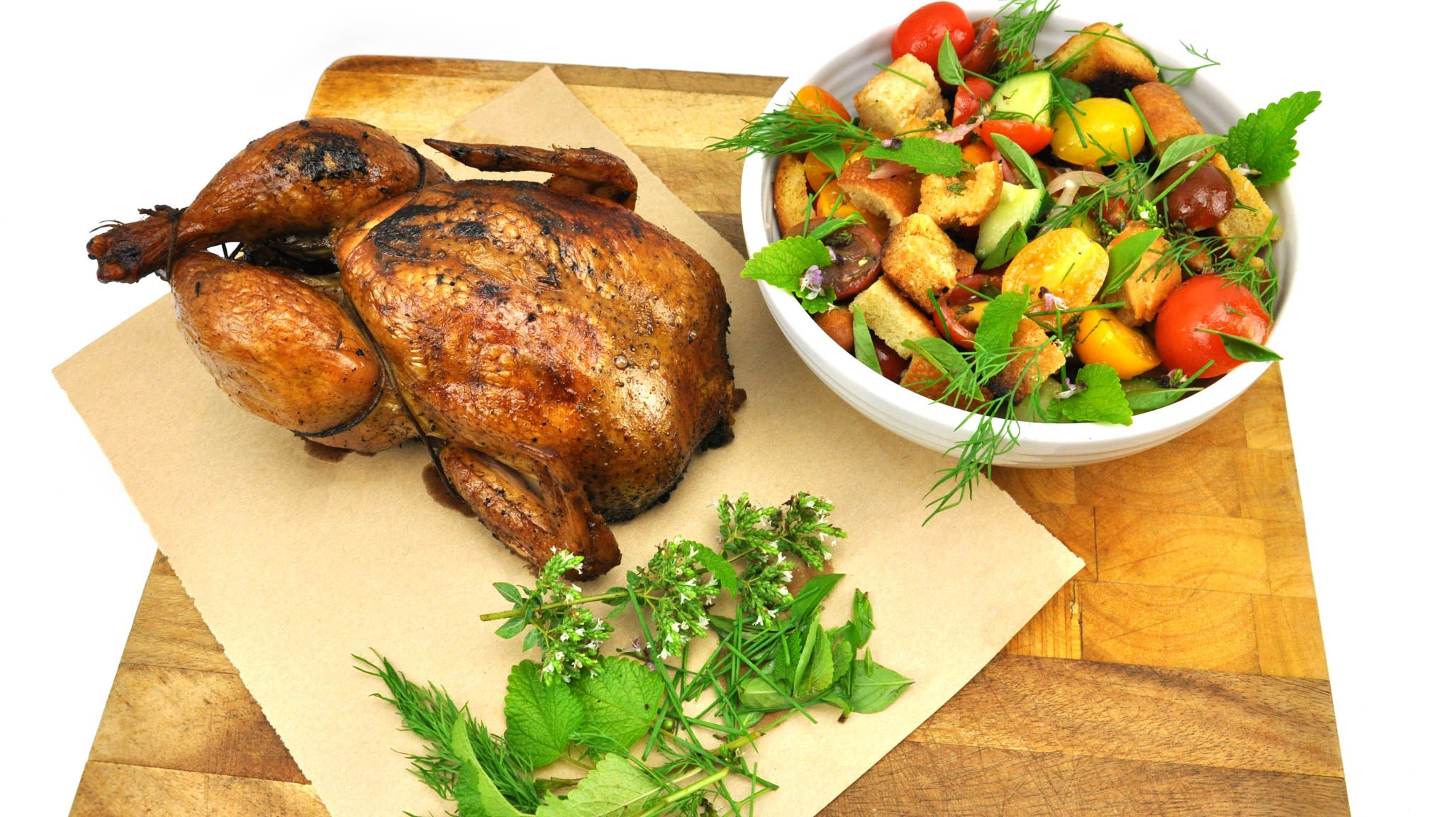 Whole Smoked Chicken with Salad Fossil Farms